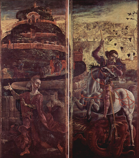 Four organ wings of the cathedral of Ferranes, with Saint George and the dragon and an Annunciation, scene. 