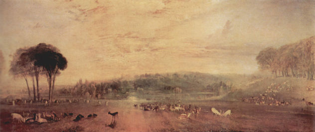 El lago, Petworth, atardecer, cabras machos peleando