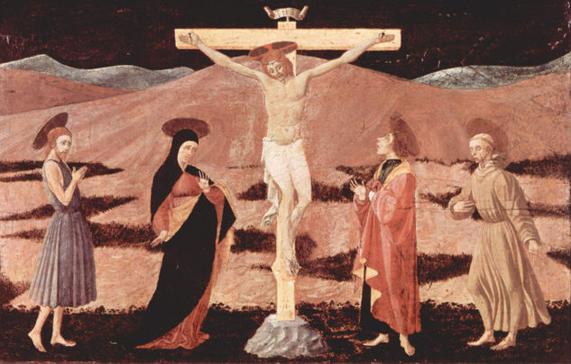 Christ on the Cross, Mary, Saint John the Baptist, Saint John the Evangelist, and Saint Francis. 