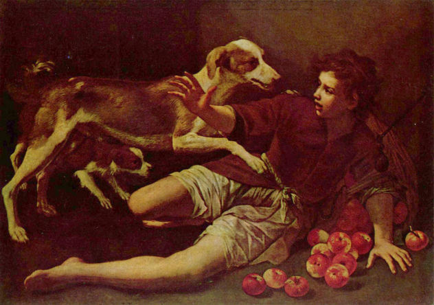 El cesto de manzanas volcado