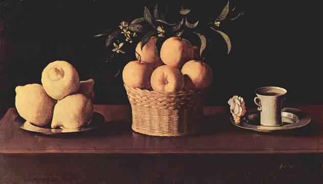 Plate with Lemons, Basket with Oranges and Cup with Rose