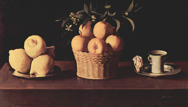 Plate with Lemons, Basket with Oranges and Cup with Rose 