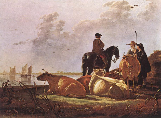Campesinos con cuatro vacas junto al río Merwede
