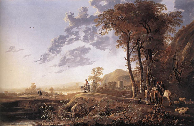 Paisaje de atardecer con jinetes y pastores