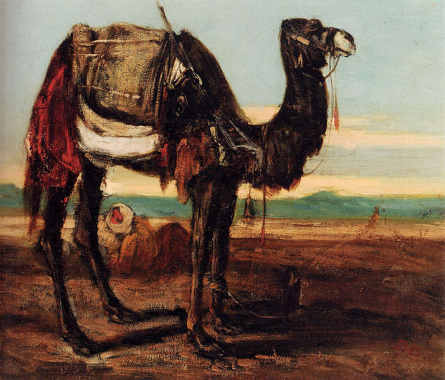 A Bedouin And A Camel Resting In A Desert Landscape 