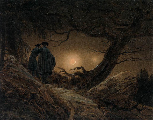 Dos hombres contemplando la luna 