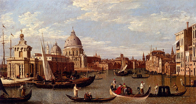 Vista del Gran Canal y Santa María de la Salud con botes y figura
