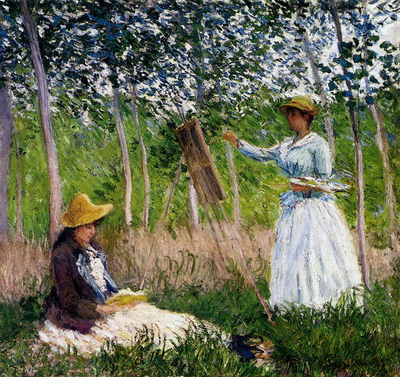 En el bosque en Giverny Blanche Hoschedé Monet en su caballete con Suzzanne Hoschedé leyendo 