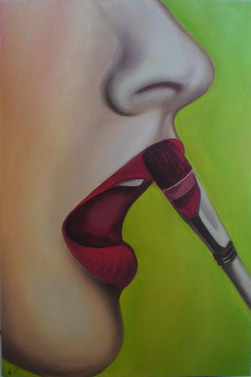 labios pintandose II Oil Textile Figure Painting