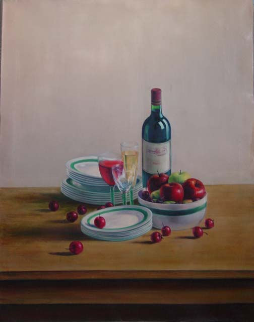 Mesa Servida con Vino y Frutas
