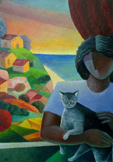 Mujer con gato Óleo Lienzo Figura