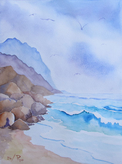 playa entre las rocas Watercolour Paper Marine Painting