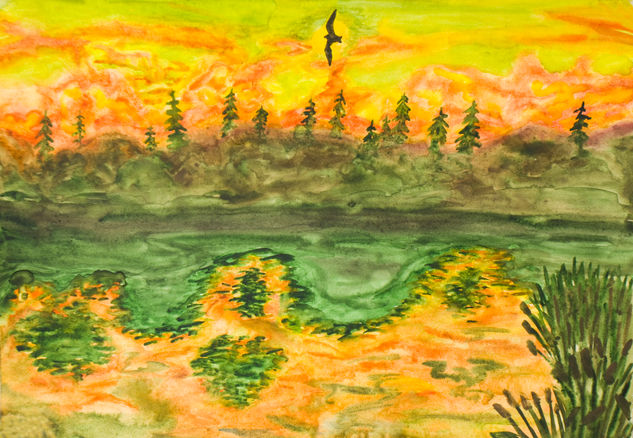 sunset, lake and forest with flying bird 2 Acuarela Papel Paisaje