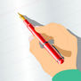 A person holds a red fountain pen poised above a blank, lined page