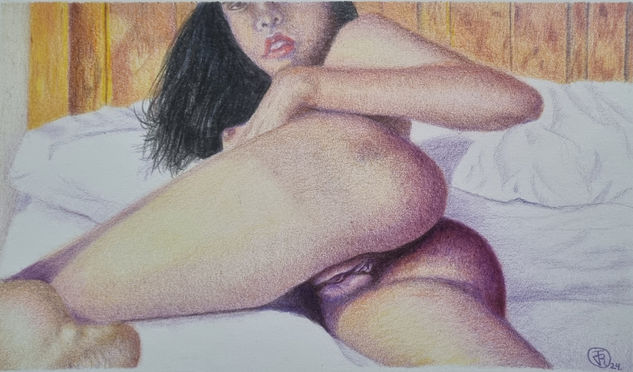 Joven desnuda en la cama Lápiz (a color) Papel Desnudos