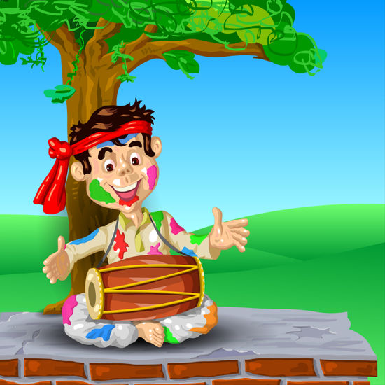 A cheerful child sits under a tree, playing a colorful drum 