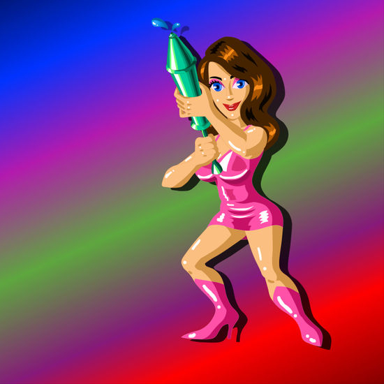 A cartoon woman in a shiny pink outfit holds a large water gun 