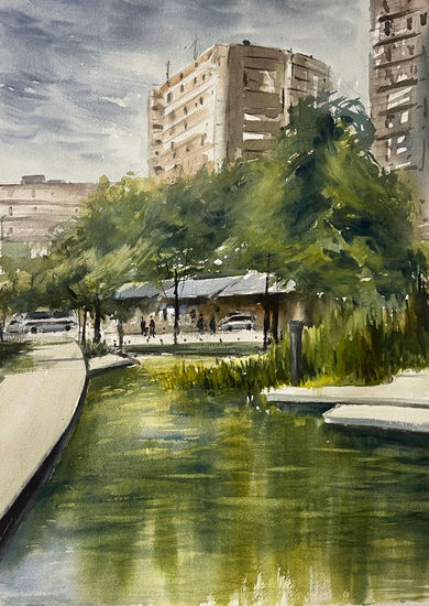 plaza europa gijon Acuarela Papel Paisaje