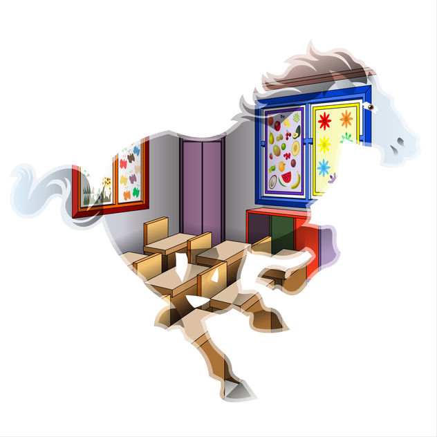 A classroom scene blends seamlessly into the silhouette of a galloping horse