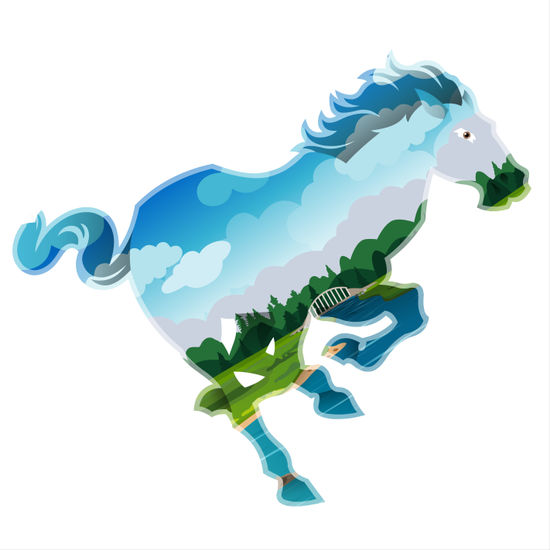 A horse silhouette is creatively filled with a vibrant landscape scene 