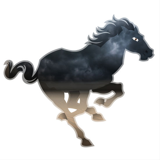 A stylized silhouette of a galloping horse 