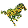 A stylized horse features a vibrant pattern with shades of green and yellow