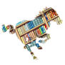 A galloping horse silhouette is filled with a colorful array of books stacked on shelves.