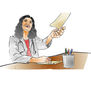 A cheerful doctor sits at a desk, holding a piece of paper while writing in a notebook.