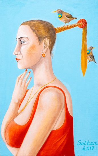 "Woman with nightingales" Oil Canvas Portrait