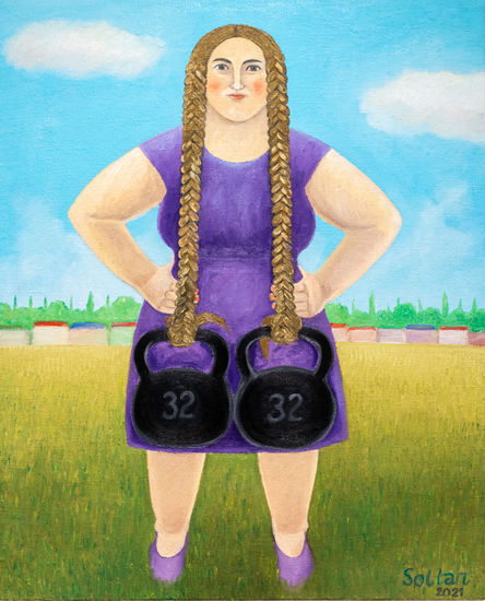 "Wrestler Woman" Oil Canvas Sports