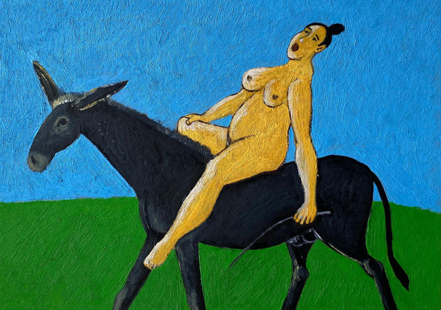 "Woman on Donkey" Óleo Cartulina Desnudos