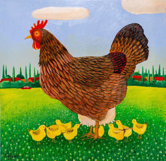 "Mother chicken" Oil Canvas Animals