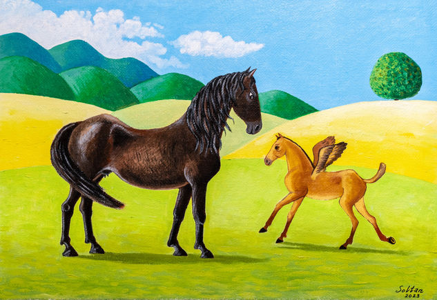 "Winged Horse" Oil Canvas Animals