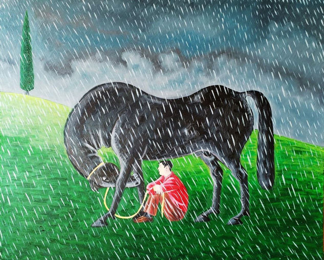 "Under the rain" Oil Canvas Animals