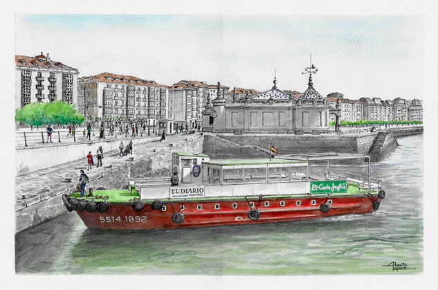 Santander, Palacete y embarcadero al Puntal Watercolour Paper Marine Painting