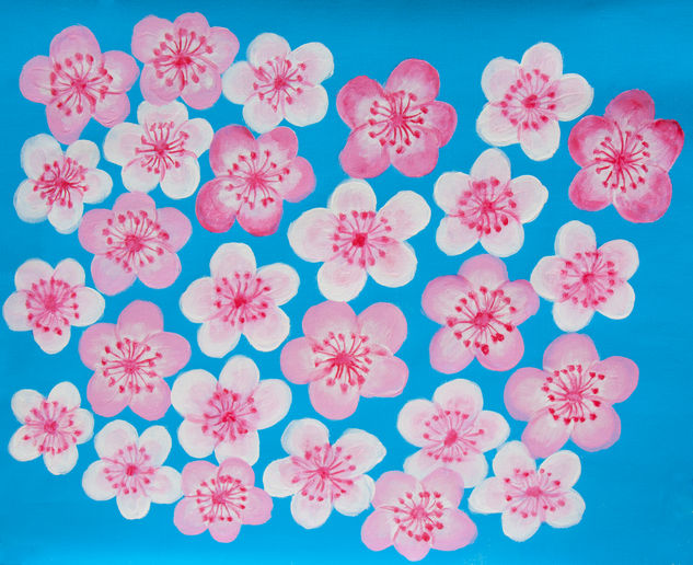 White and pink flowers on blue Acrílico Lienzo Floral