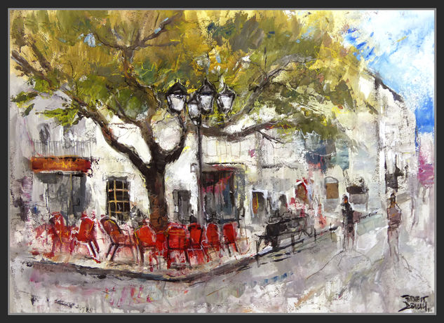 COLERA-PINTURA-ART-PLAÇA MAJOR-BAR LA PLAÇA-PAISATGES-ARBRE DE LA LLIBERTAT-POBLES-ALT EMPORDÀ-ARTISTA-PINTOR-ERNEST DESCALS Oil Paper Landscaping