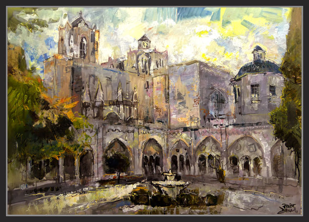 CLAUSTRE-CATEDRAL-TARRAGONA-PINTURA-ART-CISTER-CAMPANARS-ARCS-FONT-PAISATGES-PINTOR-ERNEST DESCALS- Oil Paper Landscaping