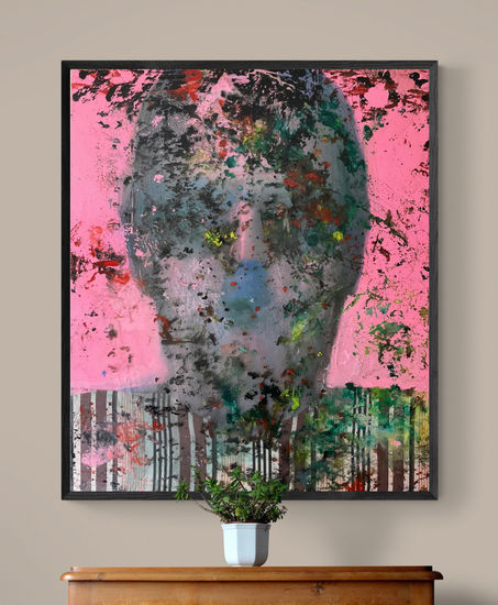 Abstracted face in pink Mixed media Canvas Figure Painting