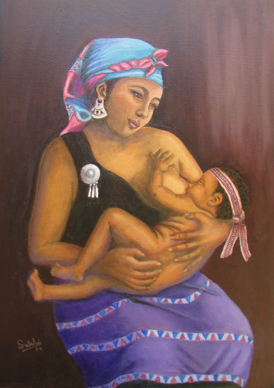 Madre Mapuche. Óleo Lienzo Retrato