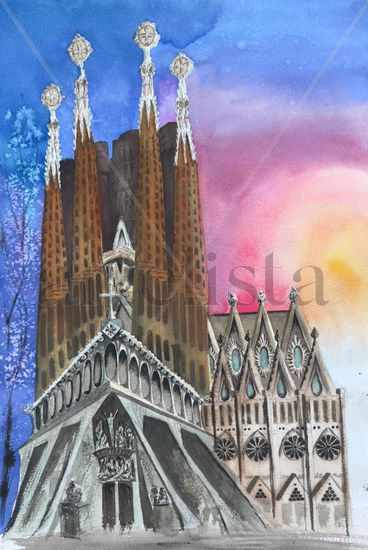 Sagrada Famiglia Barcelona Acuarela Papel Paisaje