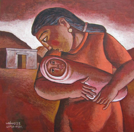 Madre con hijo Oil Panel Figure Painting