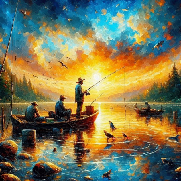 A group of anglers is fishing on a serene lake