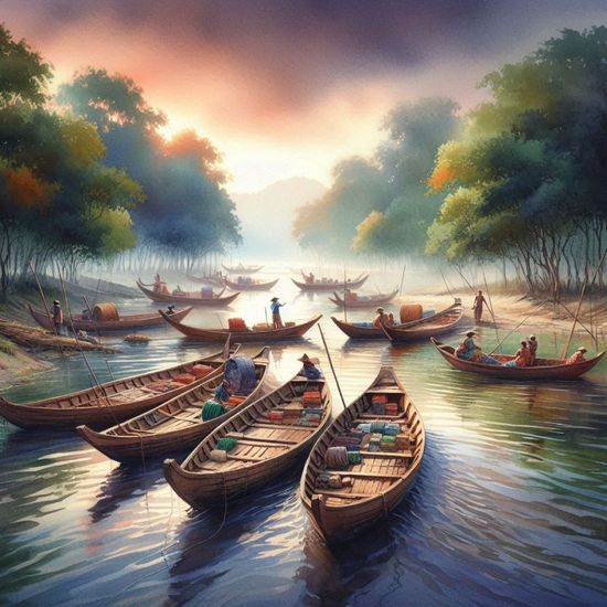 Boats float peacefully on a calm river 