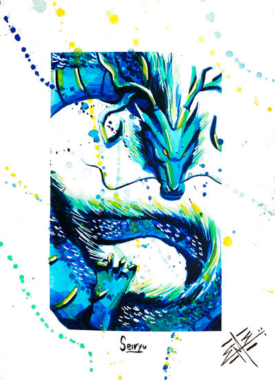 Seiryu, The Blue Dragon Acuarela Papel Animales