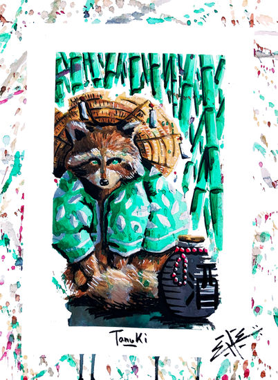 Tanuki, The Racoon Dog Acuarela Papel Animales