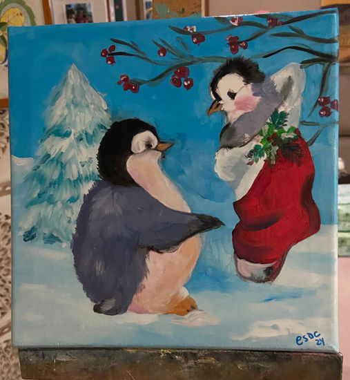 Christmas penguins Oil Canvas Animals