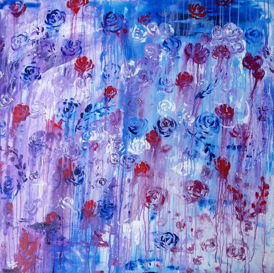 The touch of blue roses Mixed media Canvas Floral Painting