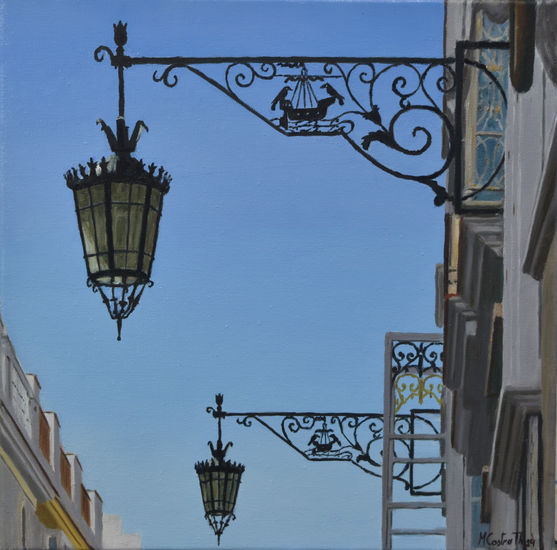 FAROLAS LISBOETAS EN CALLE ANCHA Óleo Lienzo Paisaje