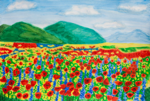 Poppies with blue bonnets and yellow rapeseed Watercolour Paper Landscaping